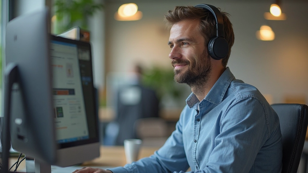 Screenreader-Nutzer mit Kopfhörern arbeitet an seinem Computer und navigiert durch semantisch strukturierte Webseite