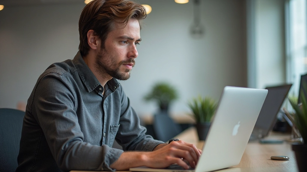 Person sitzt am Laptop und navigiert nur mit Tastatur, Tab-Taste deutlich sichtbar, Fokus-Ring um Navigation-Element