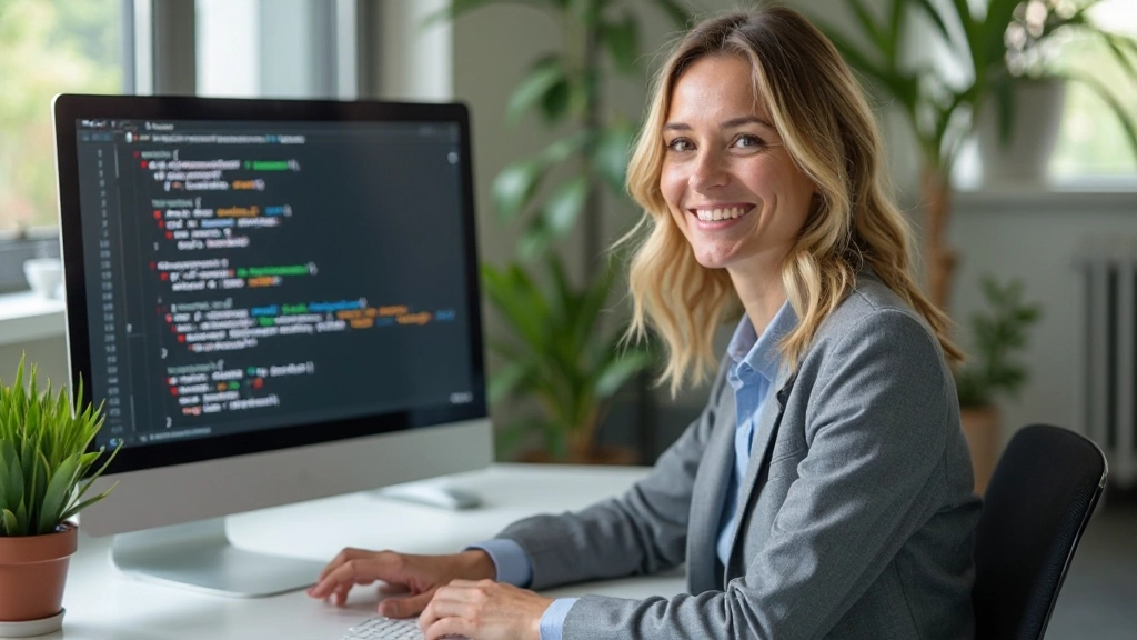 Erfolgreiche Webentwicklerin lächelt zufrieden neben ihrem Monitor mit barrierefreier, semantisch strukturierter Website