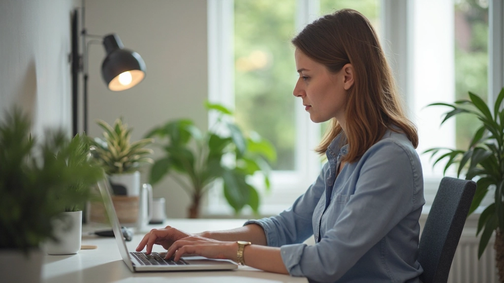 Entwickler schreibt HTML-Code am Laptop mit Fokus auf semantische Elemente und richtige Tagstruktur