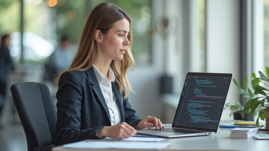 Frau arbeitet am Laptop und prüft Website-Barrierefreiheit mit Accessibility-Tools