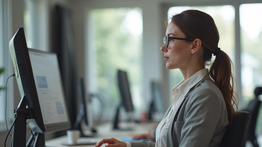 Person sitzt am Schreibtisch mit Brille, schaut auf Monitor mit lesbarem Text