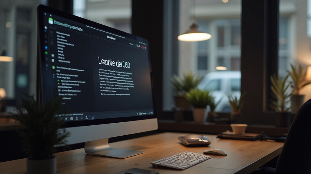 Modernes Büro mit großem Monitor zeigt barrierefreie Website mit hohem Kontrast und klarer Typografie